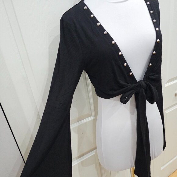 ★ISO★ Killstar Elegy Goth Black Studded Cropped Long Sleeve Shrug Tie Top XS - Picture 3 of 12